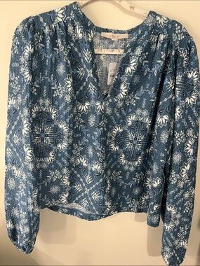 LOFT Blue Floral V-Neck Long Sleeve Blouse
